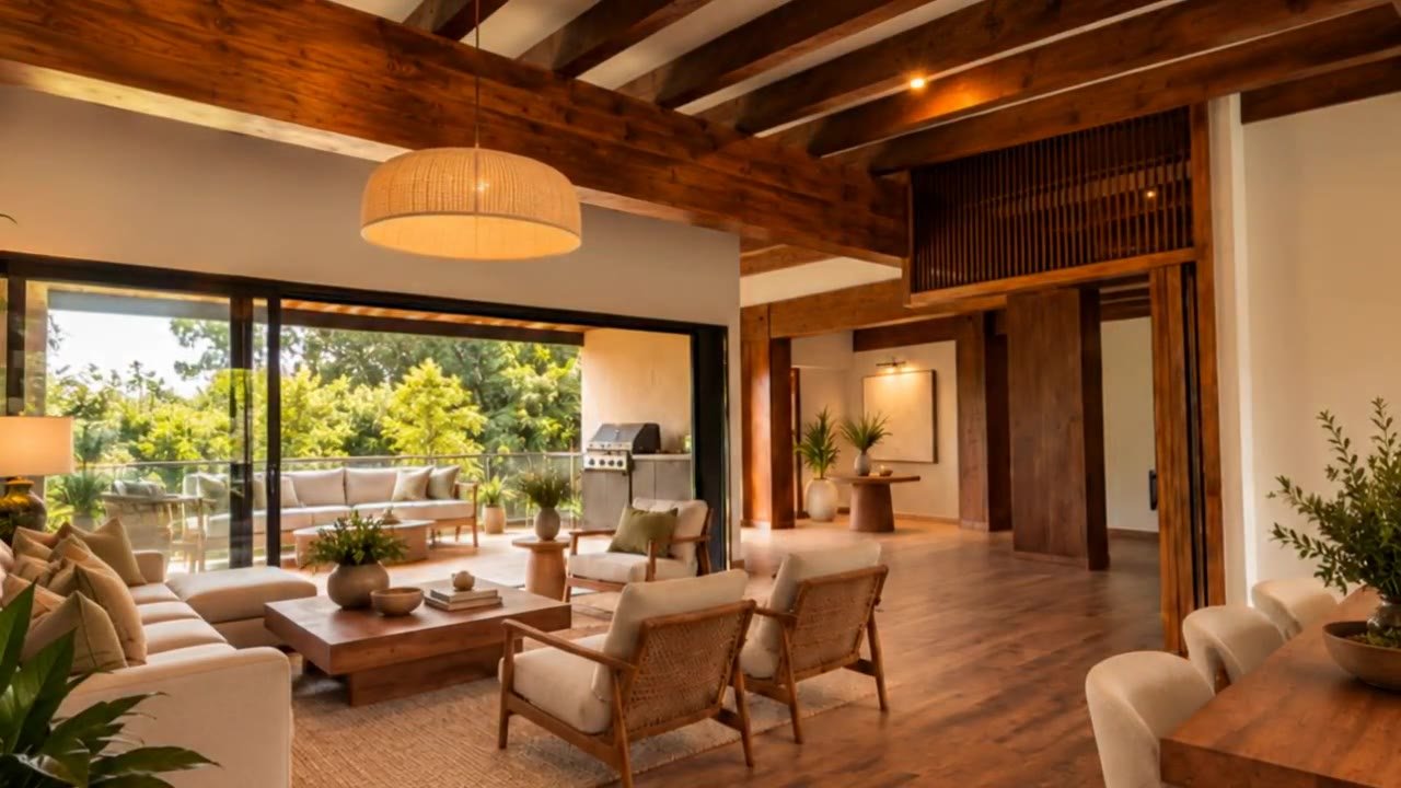 Sala bajo vigas de madera del penthouse en Llanogrande
