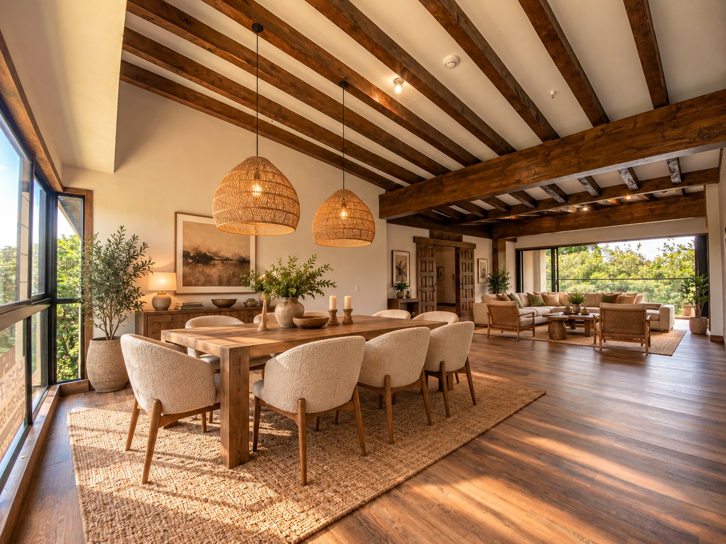 Comedor y sala bajo vigas de madera, con el balcón y el verde al fondo